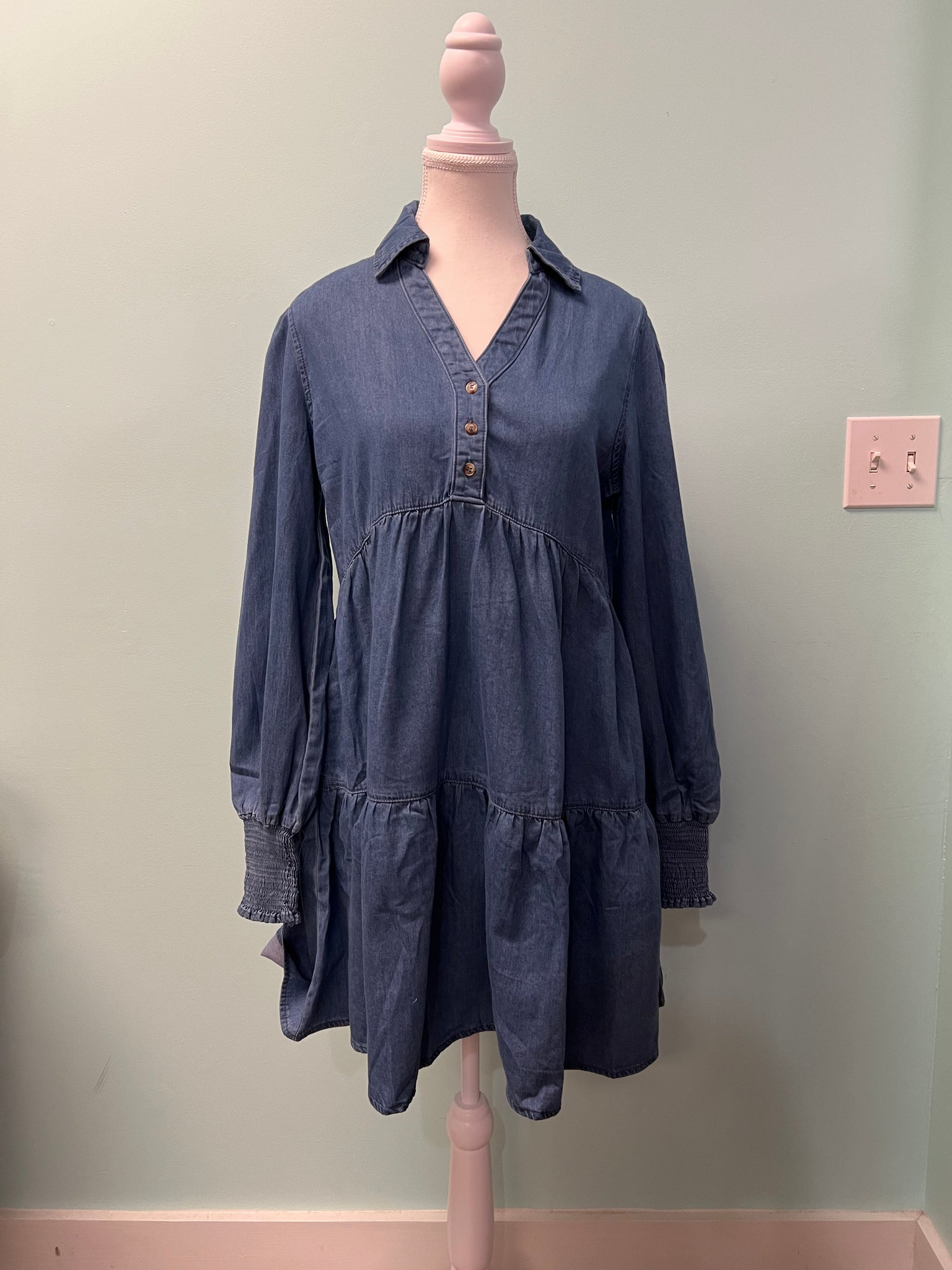 Barefoot Ladies #1357 Dusk Blue Smocked Cuff Buttoned Tiered Denim Mini Dress