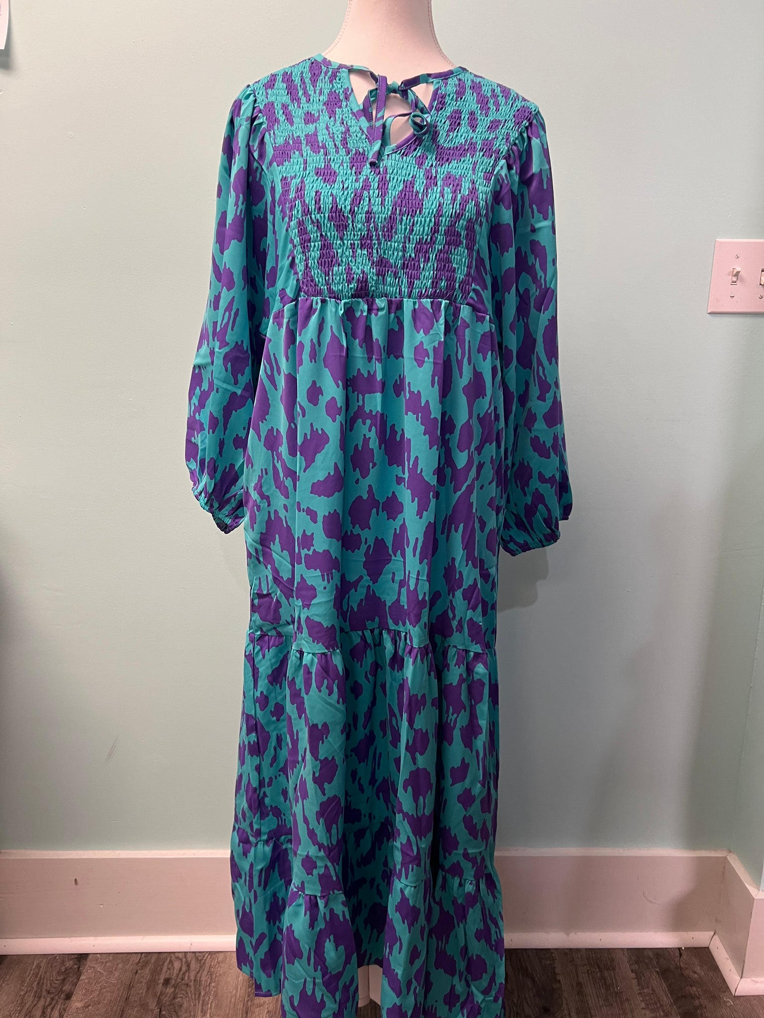 Barefoot Ladies #1358 Sky Blue Abstract Print Puff Sleeve Tied Notched Neck Long Dress