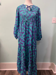 Barefoot Ladies #1358 Sky Blue Abstract Print Puff Sleeve Tied Notched Neck Long Dress