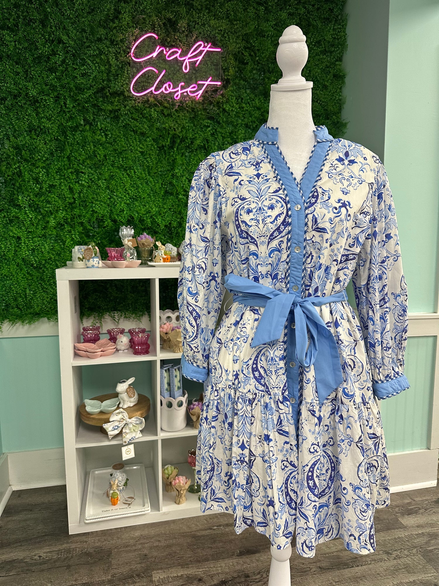 ENTRO Printed 3/4 Puff Sleeve Mini Dress With Tie Waist In Blue