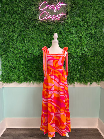 Barefoot Ladies #2021 Red Abstract Print Knotted Shoulder High Waist Maxi Dress