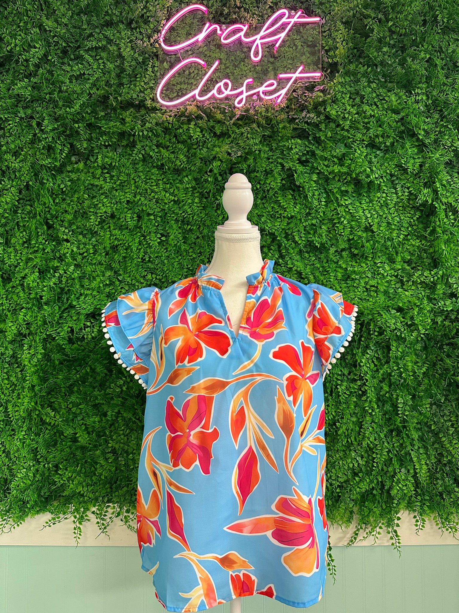 Barefoot Ladies #2042 Sky Blue Floral Print V Neck Pompom Trim Flutter Sleeve Blouse