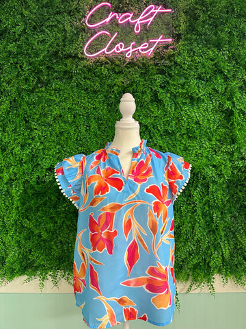 Barefoot Ladies #2042 Sky Blue Floral Print V Neck Pompom Trim Flutter Sleeve Blouse