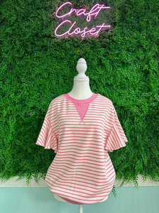 Barefoot Ladies #2043 Sachet Pink Contrast Detail Striped Ruffle Short Sleeve Top