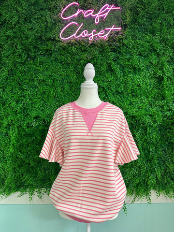 Barefoot Ladies #2043 Sachet Pink Contrast Detail Striped Ruffle Short Sleeve Top