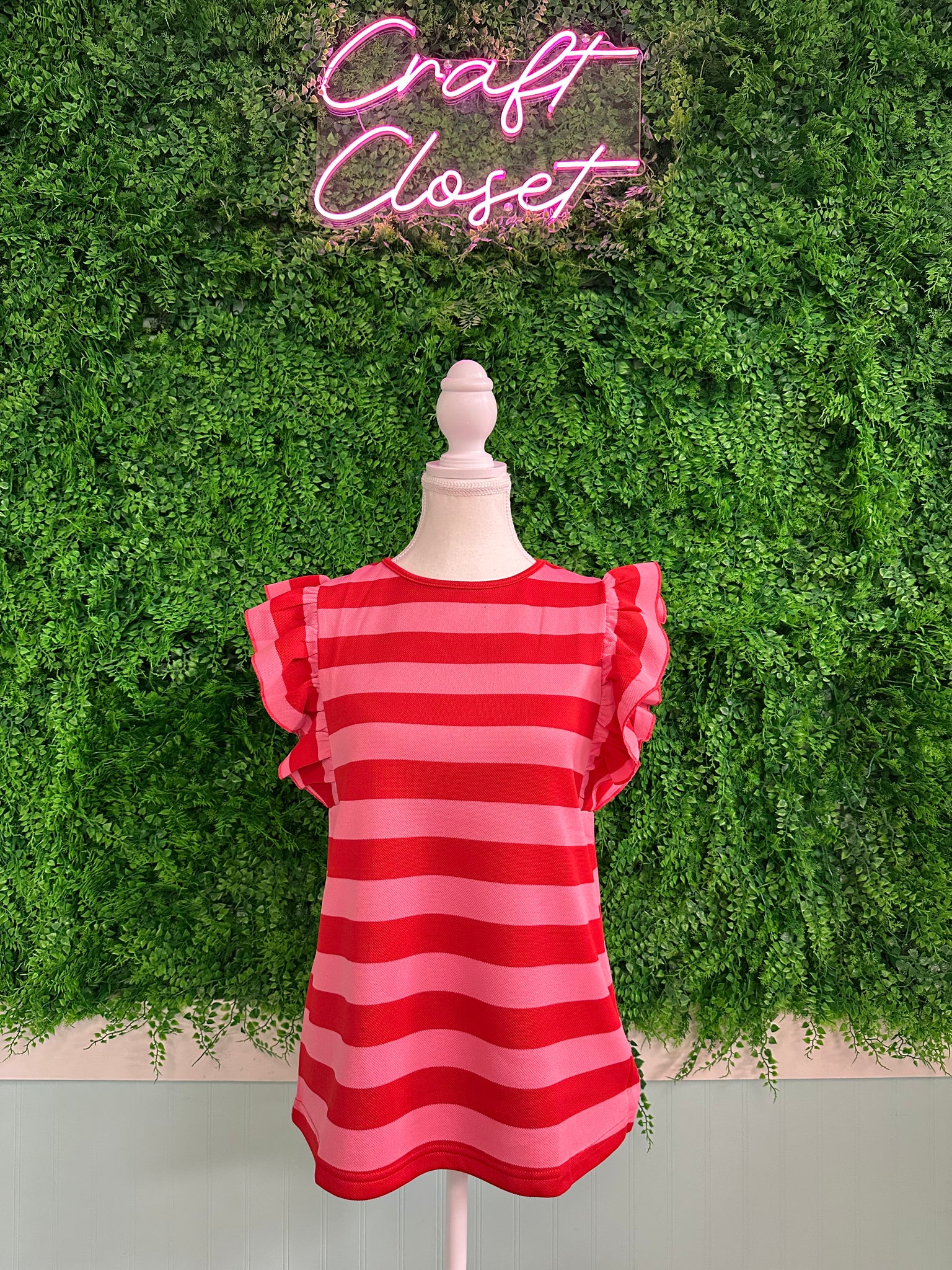 Barefoot Ladies #2045 Red Stripe Flutter Sleeve Round Neck T Shirt