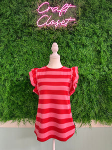 Barefoot Ladies #2045 Red Stripe Flutter Sleeve Round Neck T Shirt
