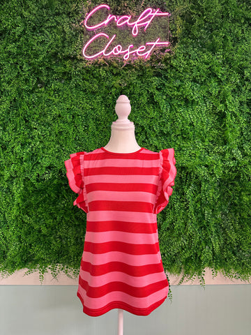 Barefoot Ladies #2045 Red Stripe Flutter Sleeve Round Neck T Shirt