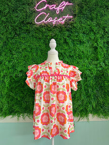 Barefoot Ladies #2039 Rose Floral Ruffled Sleeve Ric Rac Trim Split Neck Loose Blouse