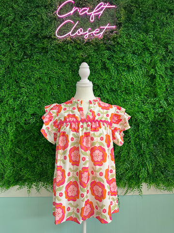 Barefoot Ladies #2039 Rose Floral Ruffled Sleeve Ric Rac Trim Split Neck Loose Blouse