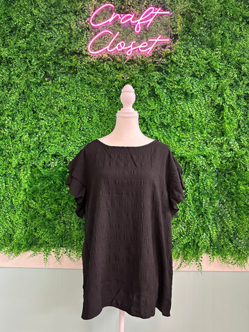 Barefoot Ladies #2034 Black Textured Ruffled Sleeve Round Neck Top