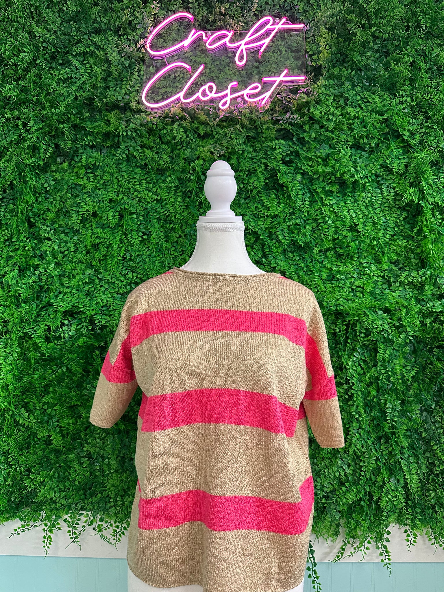 Barefoot Ladies #2033 Pink Stripe Colorblock Short Sleeve Crew Neck Lightweight Sweater
