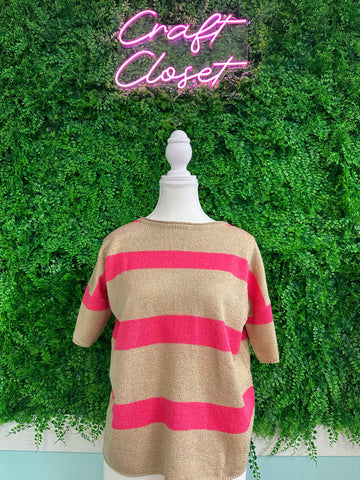 Barefoot Ladies #2033 Pink Stripe Colorblock Short Sleeve Crew Neck Lightweight Sweater