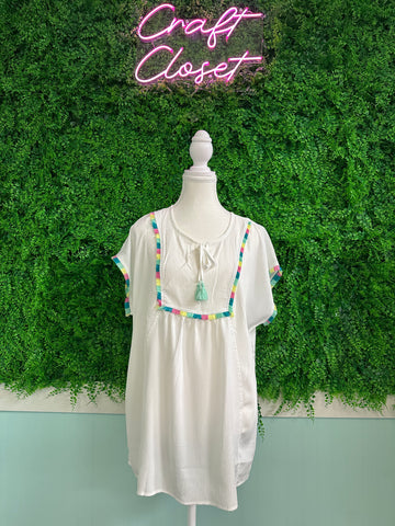 Barefoot Ladies #2028 White Colorful Fringed Detail Tassel Tie Neck Short Sleeve Blouse