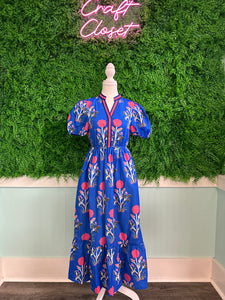 Barefoot Ladies #2030 Sky Blue Floral Puff Short Sleeve V Neck High Waist Maxi Dress