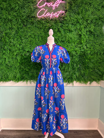 Barefoot Ladies #2030 Sky Blue Floral Puff Short Sleeve V Neck High Waist Maxi Dress