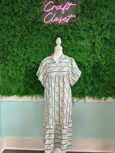 Barefoot Ladies #2038  Multicolor Striped Floral Print Tie Split Neck Puff Sleeve Midi Dress