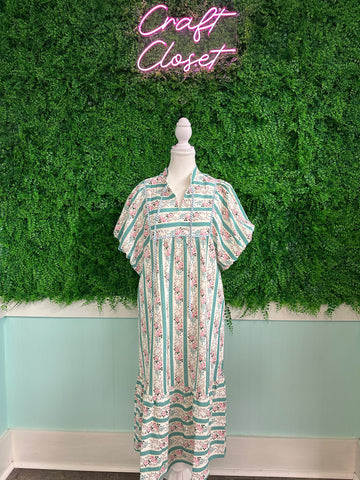 Barefoot Ladies #2038  Multicolor Striped Floral Print Tie Split Neck Puff Sleeve Midi Dress