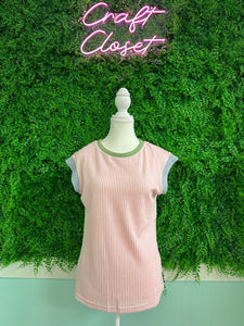Barefoot Ladies #2035 Pink Color Block Corded Knit Crew Neck Tee