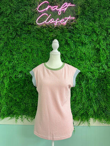 Barefoot Ladies #2035 Pink Color Block Corded Knit Crew Neck Tee