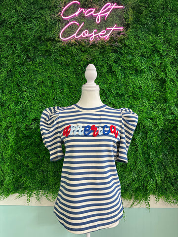 Barefoot Ladies #2026 Blue Stripe America Cursive Graphic Puff Sleeve