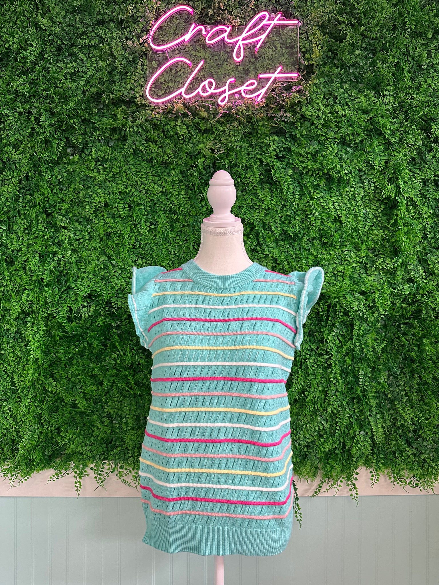 Barefoot Ladies #2036 Green Colorful Striped Eyelet Knit Ruffled Sleeve Sweater