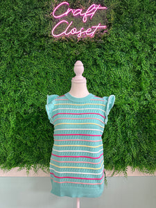 Barefoot Ladies #2036 Green Colorful Striped Eyelet Knit Ruffled Sleeve Sweater