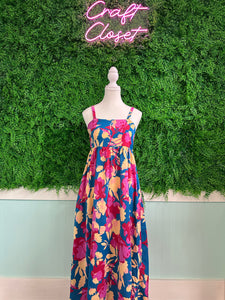 Barefoot Ladies #2037 Dark Blue Floral High Waist Sleeveless Flared Long Dress