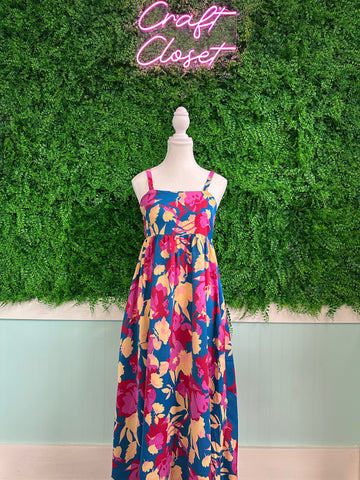 Barefoot Ladies #2037 Dark Blue Floral High Waist Sleeveless Flared Long Dress