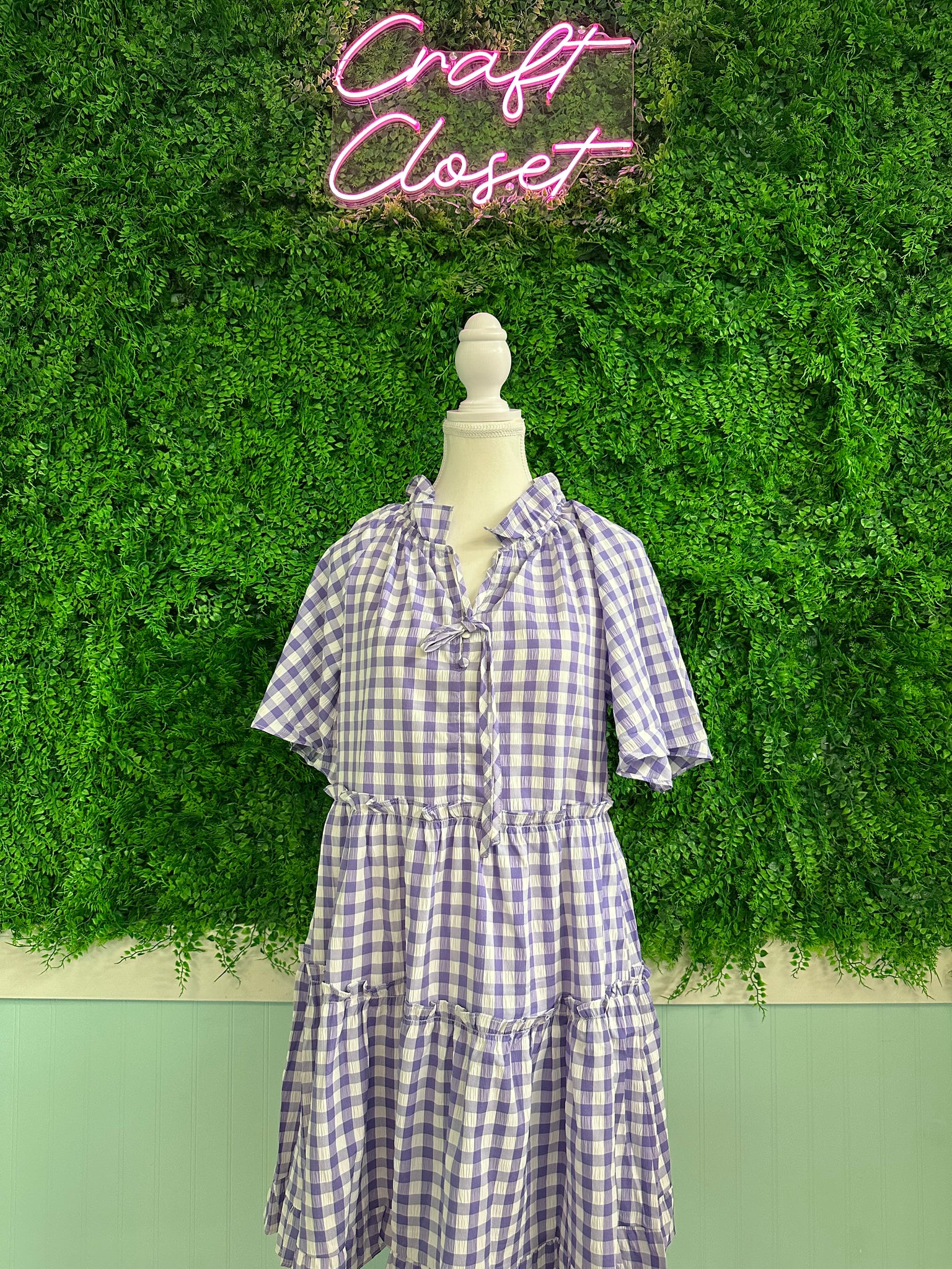 Barefoot Ladies #2041 Lavender Plaid Ruffle Wide Short Sleeve Babydoll Mini Dress