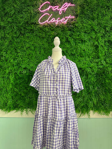 Barefoot Ladies #2041 Lavender Plaid Ruffle Wide Short Sleeve Babydoll Mini Dress