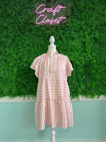 Umgee Striped Flutter Sleeve Babydoll Dress In Rose