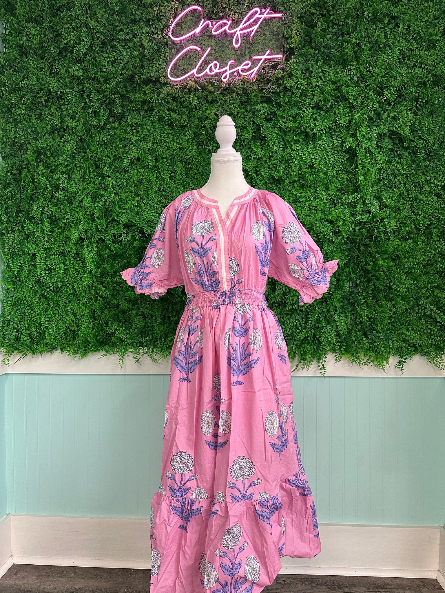 Umgee V Neck Floral Print Pink Dress