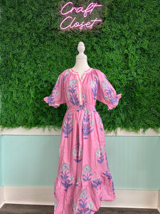Umgee V Neck Floral Print Pink Dress