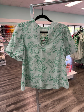 Umgee Embroidered Floral Top in Green