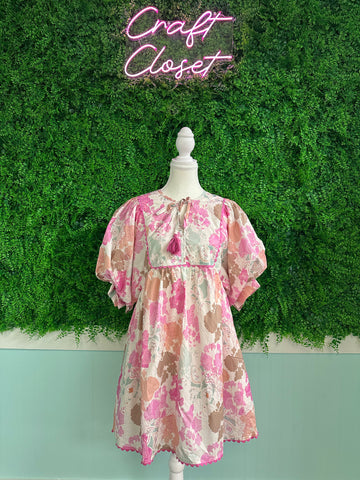 ENTRO Floral Print Bubble Sleeve Pullover Mini Dress In Pink