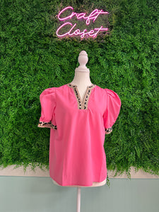 ENTRO Pink Cheetah Trim Puff Sleeve