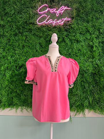 ENTRO Pink Cheetah Trim Puff Sleeve