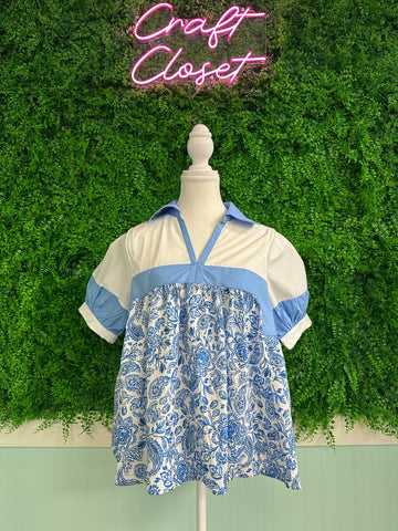 ENTRO Colorblock Puff Sleeve Top In Blue