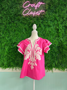 ENTRO Flutter Sleeved V Neck Embroidered Top In Pink