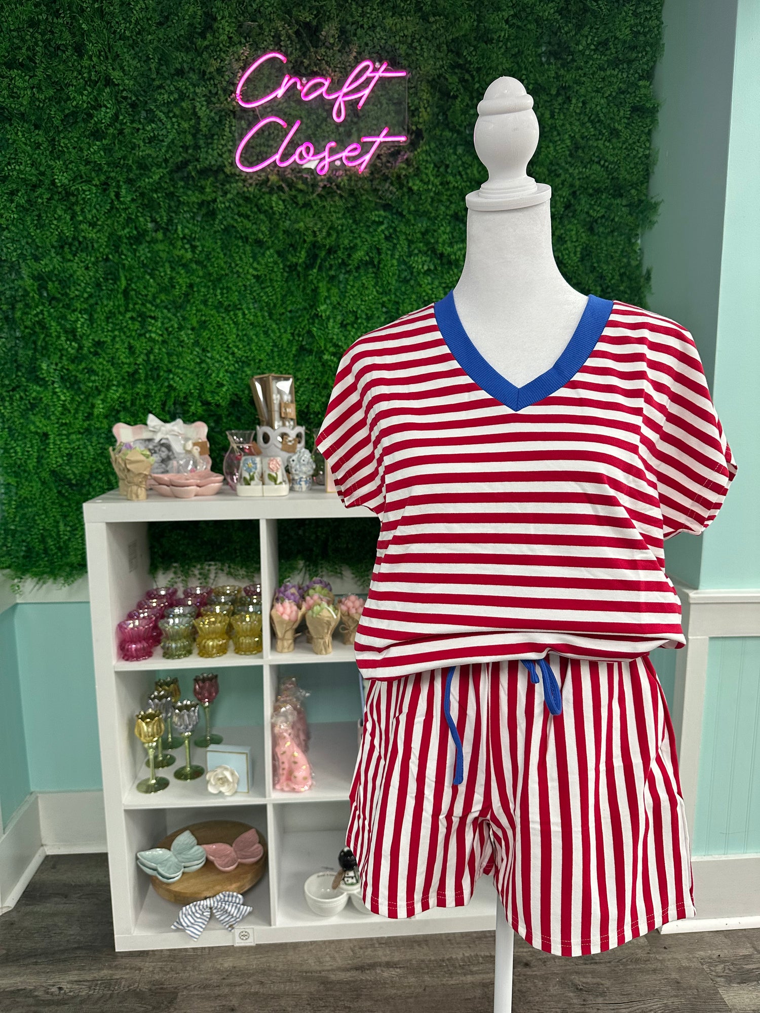 Barefoot Ladies V Neck Red Stripe Set