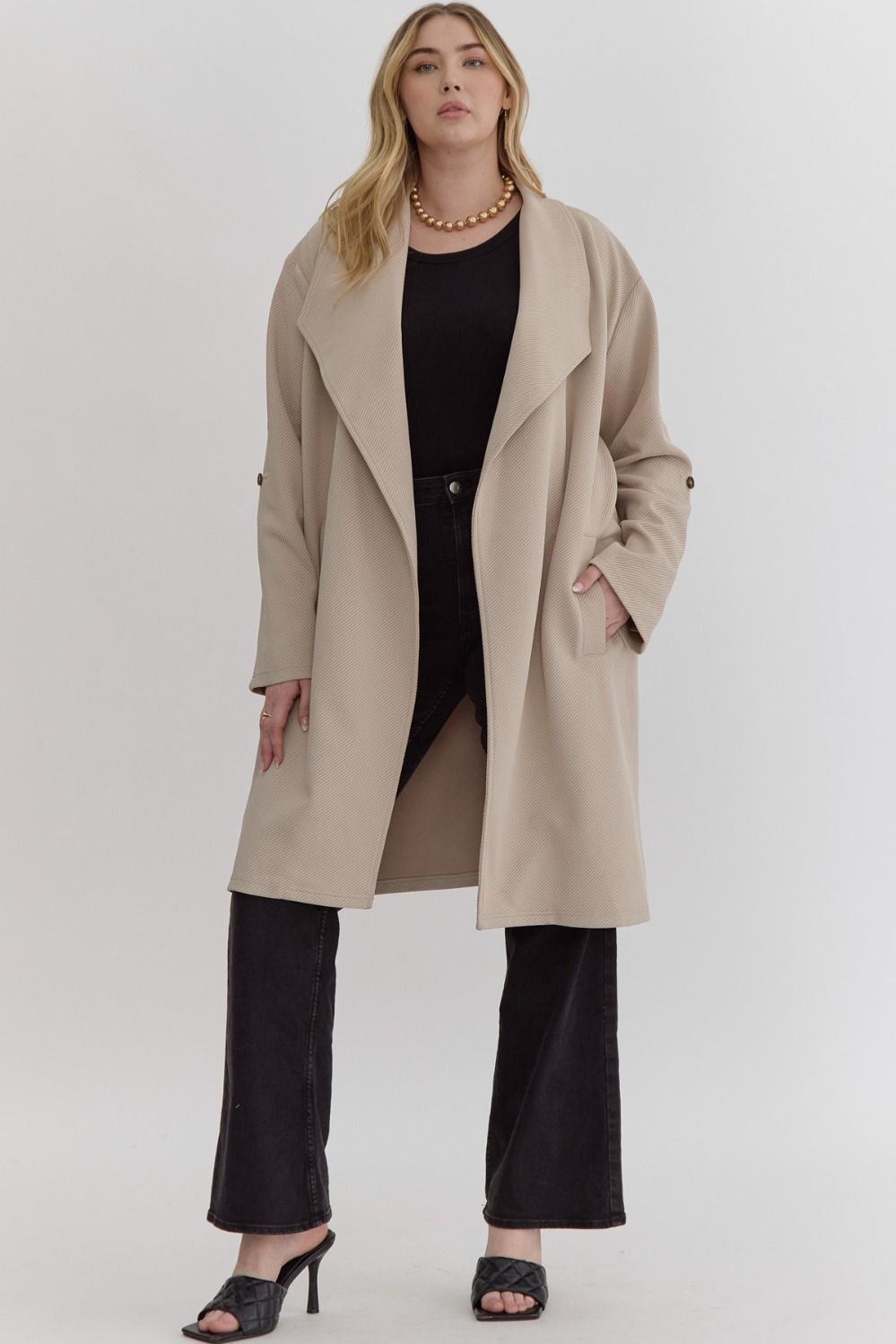Entro Solid Textured Coat In Light Taupe PLUS Sizes