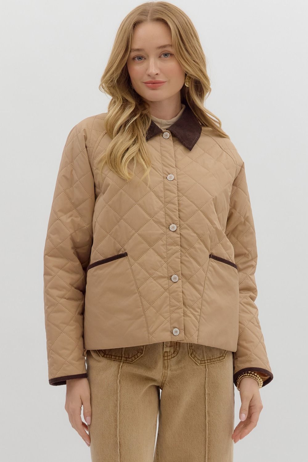 ENTRO Diamond Pattern Quilted Jacket In Camel *COMING SOON*