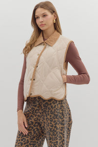 ENTRO Corduroy Trimmed Quilted Vest With Scallops In Ecru *COMING SOON*