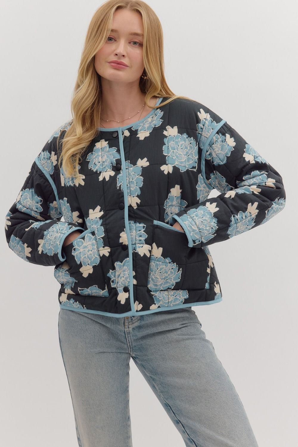 Entro Floral Quilted Jacket In Blue & Black