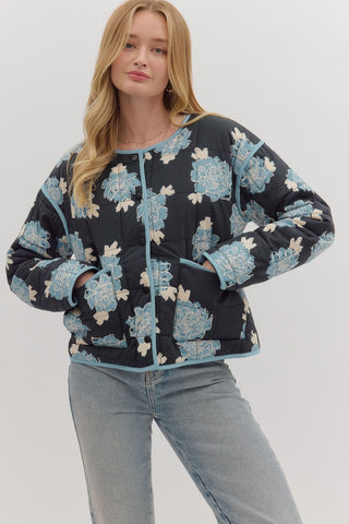 Entro Floral Quilted Jacket In Blue & Black