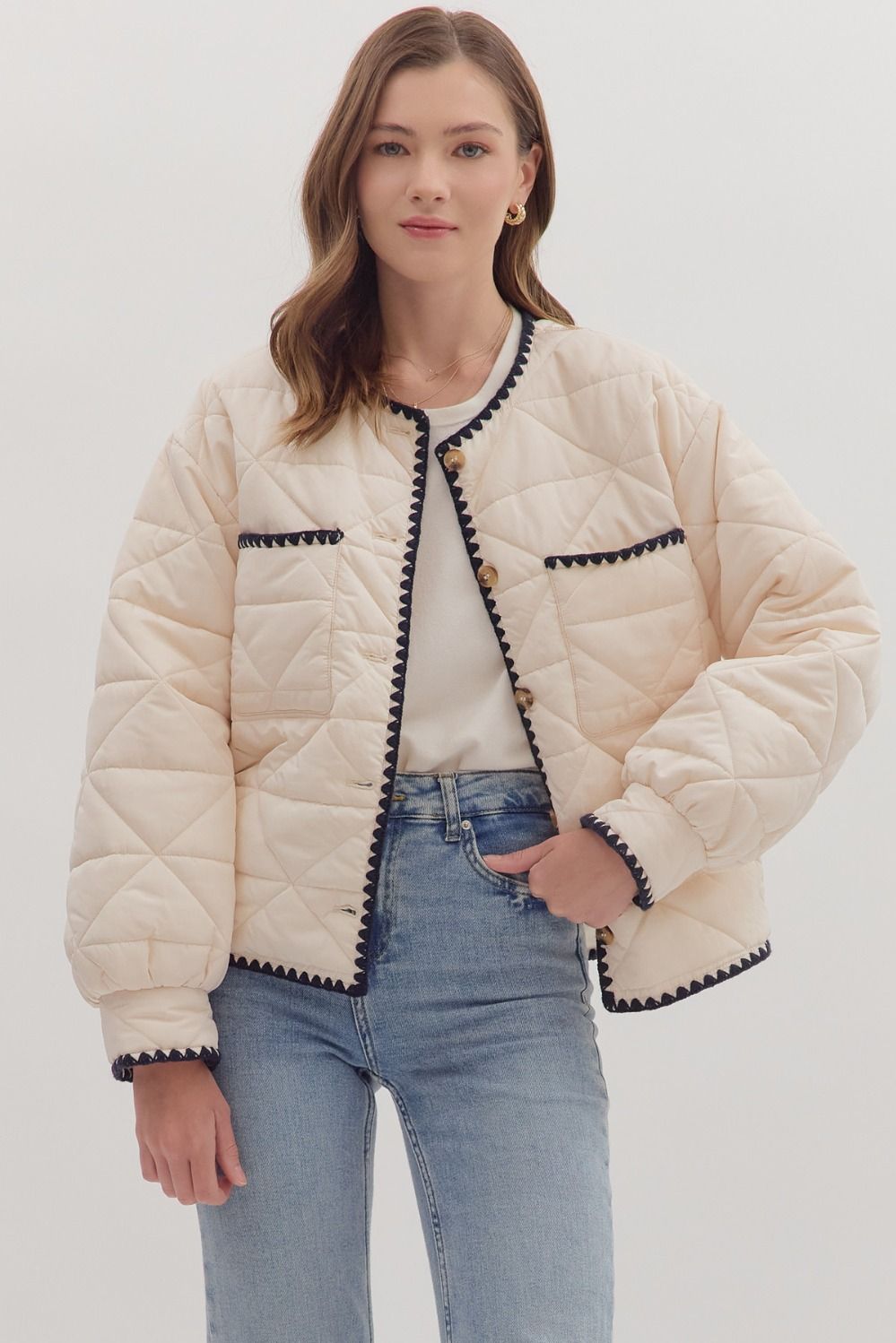 Entro Scalloped Accent Trim Jacket In Ecru *COMING SOON*