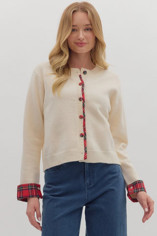 Entro Plaid Trim Cardigan In Cream *COMING SOON*