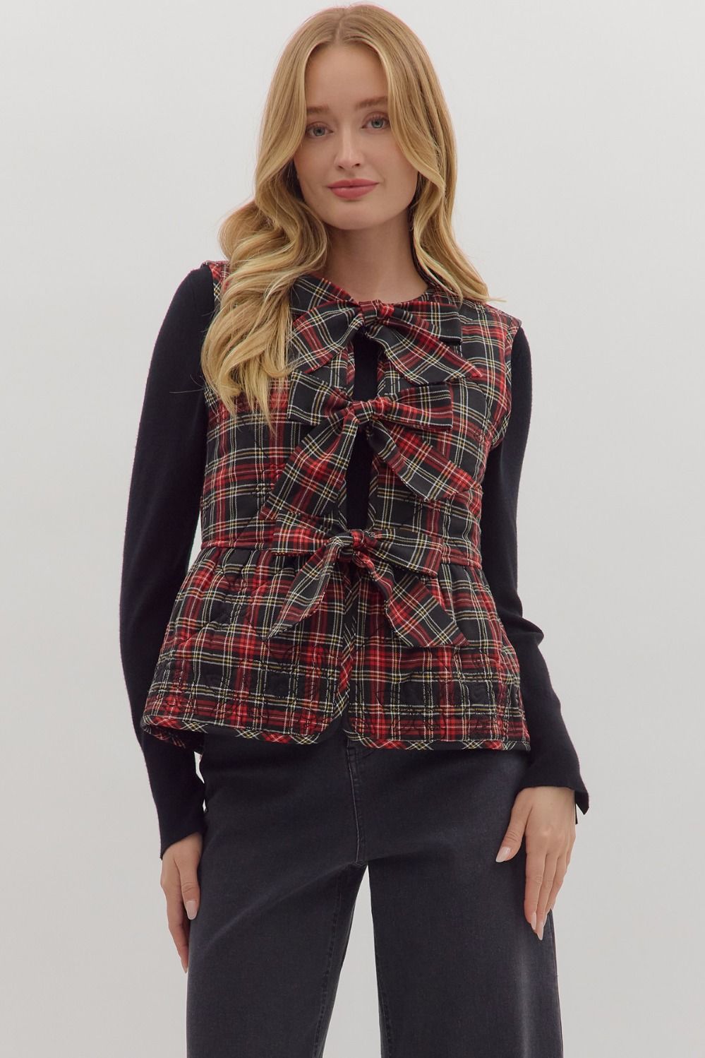 ENTRO Plaid Vest With Tie Bows In Black