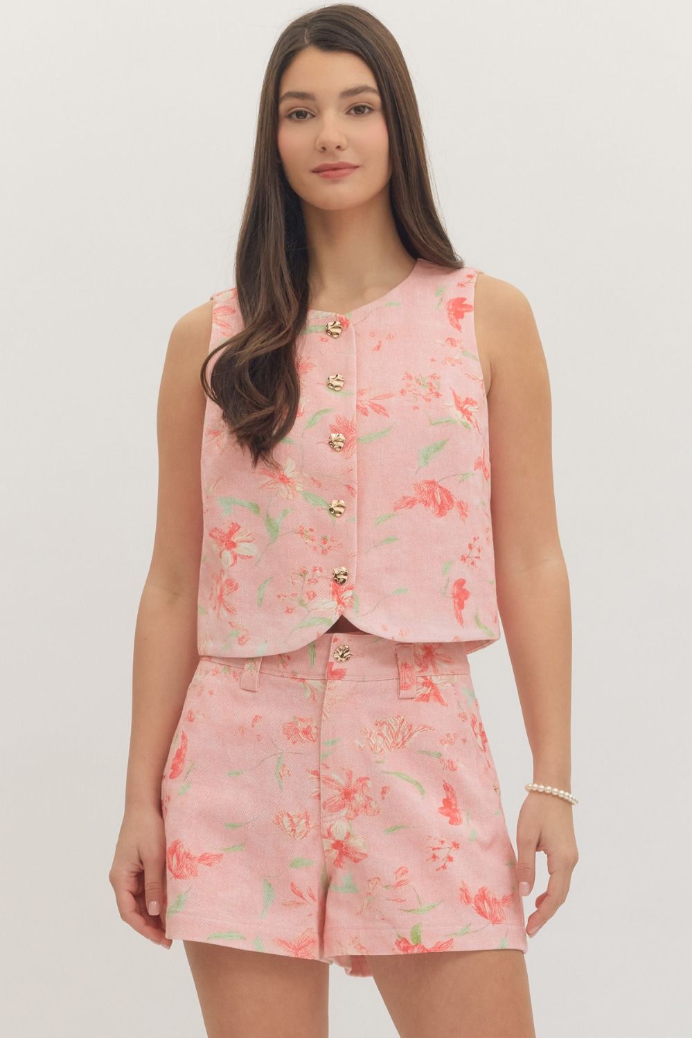 ENTRO Botanical Print Sleeveless Top With Gold Button Detail In Pink